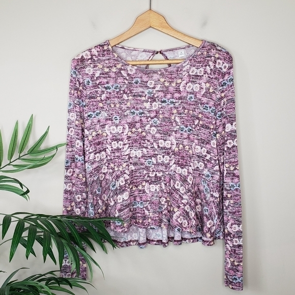 LC Lauren Conrad | Heathered Floral Peplum Top Keyhole Back Size Medium - Picture 1 of 5